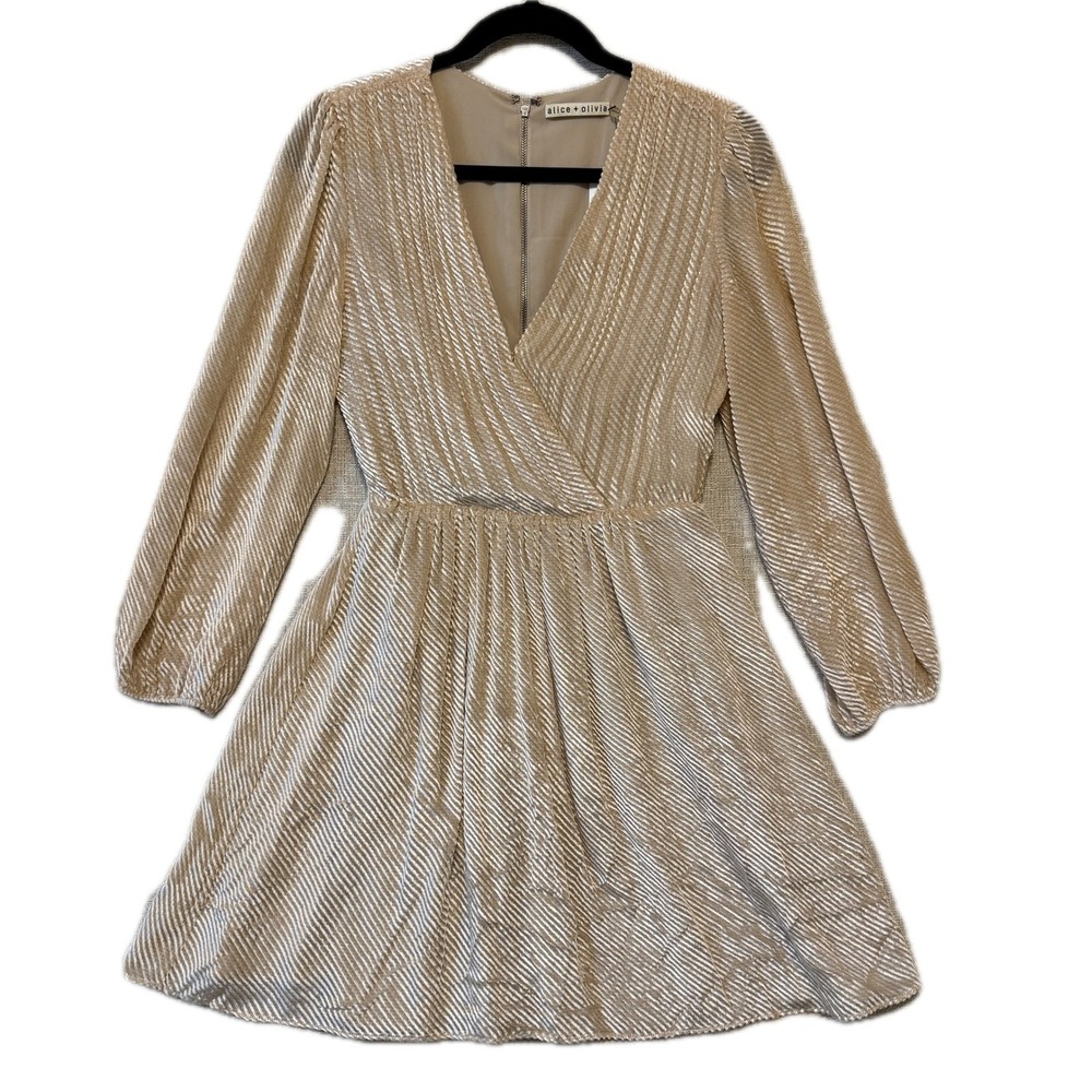 ALICE + OLIVIA Dress Women's 2 Mini Champagne Gold Velvet Pleated Long Sleeve